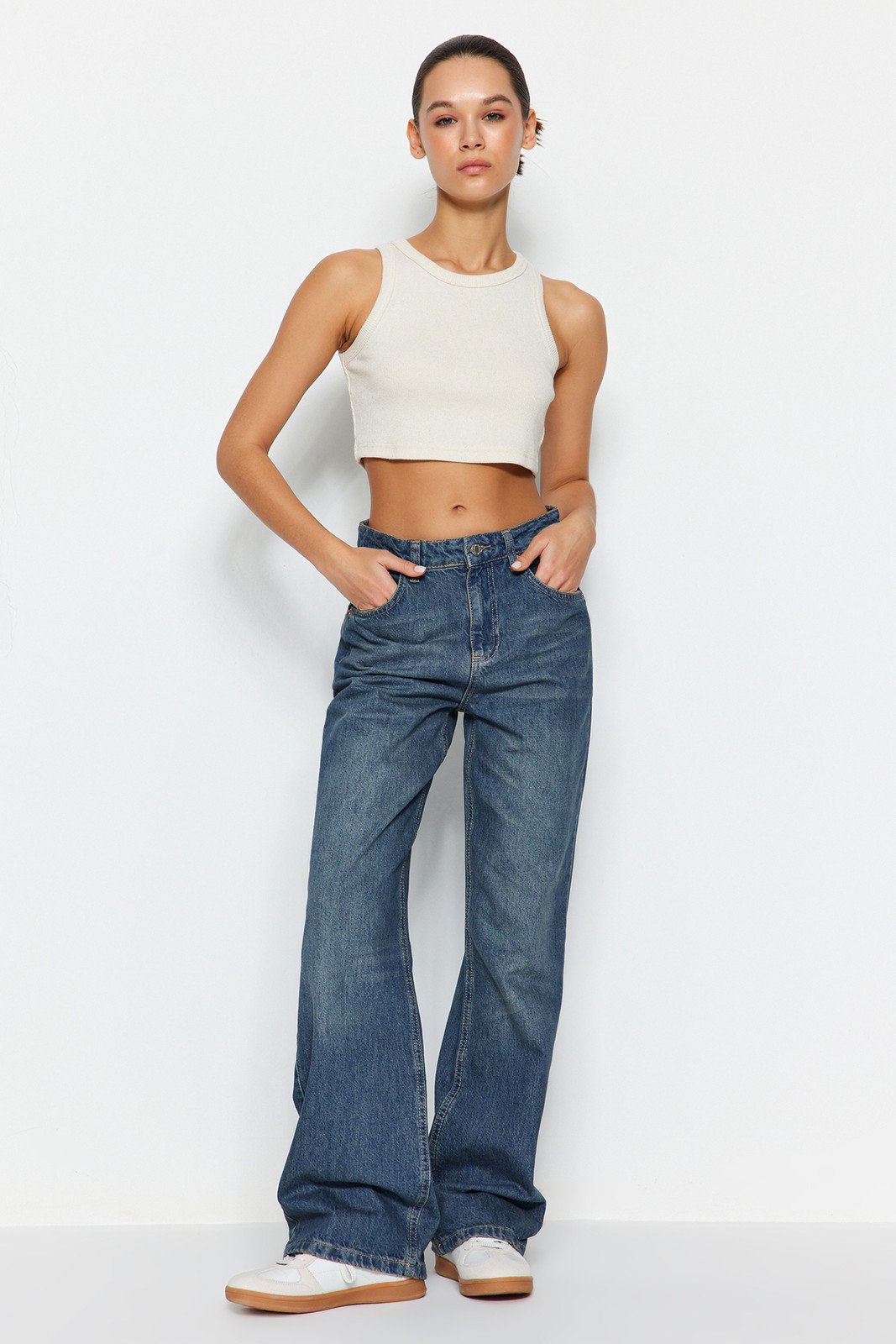 Trendyol Blue Faded Effect Vintage High Waist Wide Leg Jeans