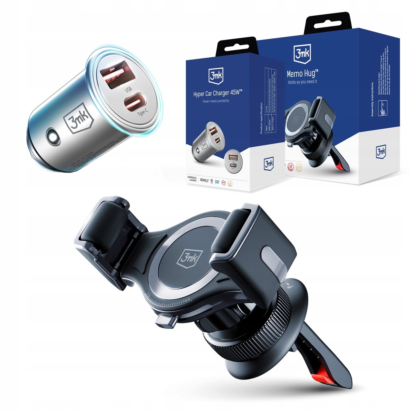 Držák mřížky ventilace 3mk Memo Hug 45W nabíječka do auta