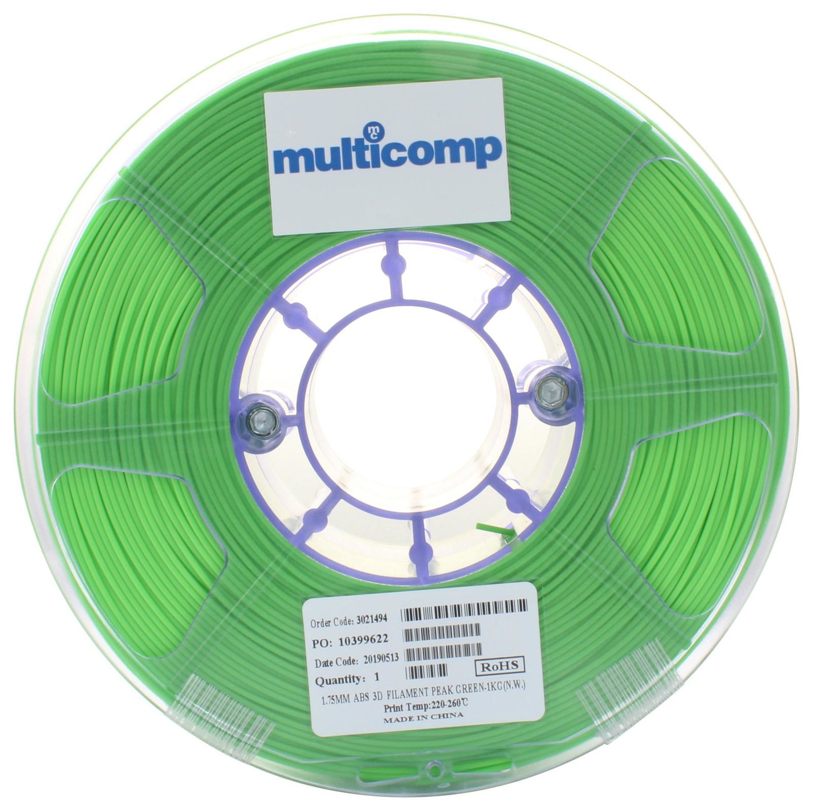 Multicomp Mc011443 3D Printer Filament, Abs, 1.75Mm, Green