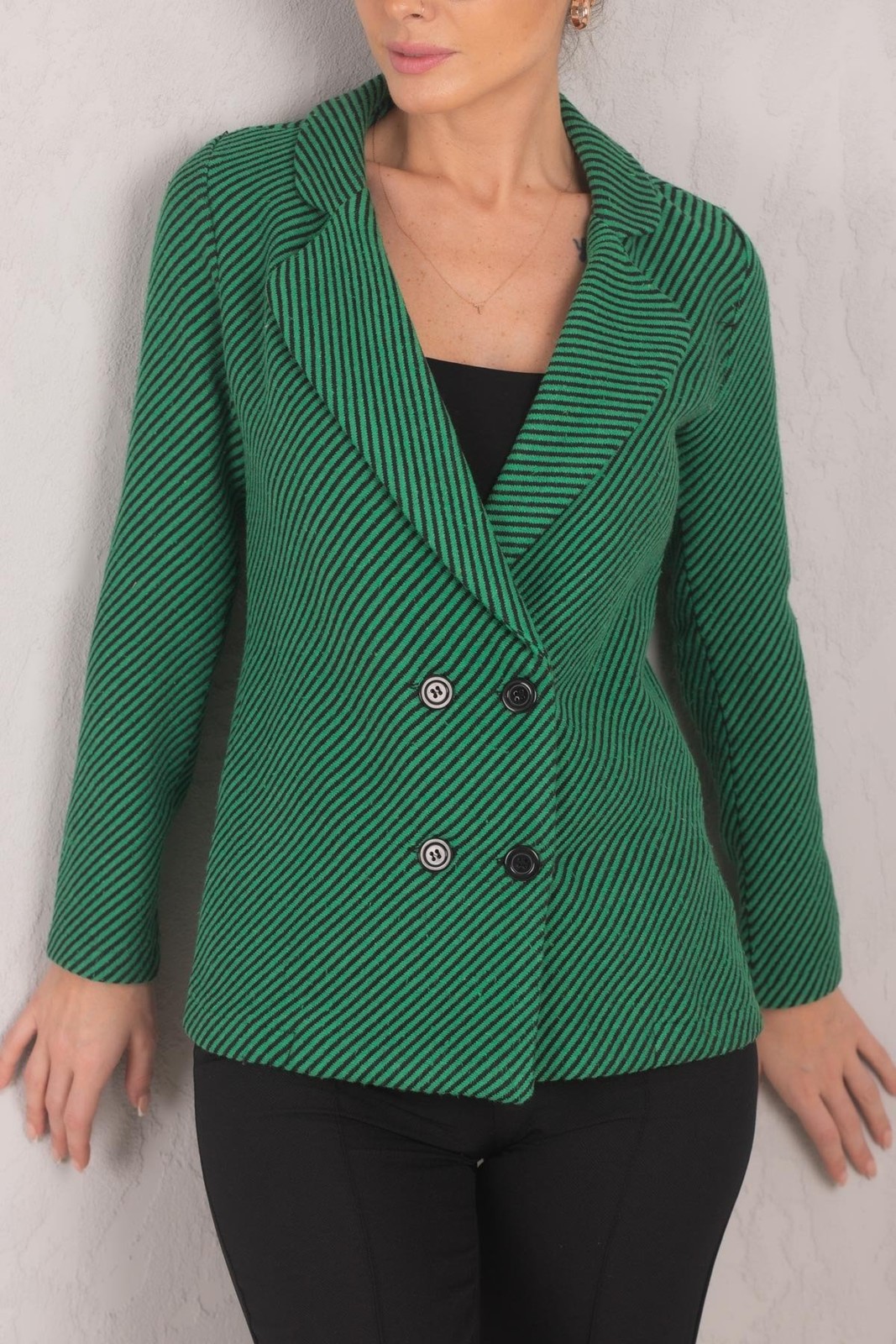 armonika Women's Green Stripe Patterned Four Button Cachet Jacket