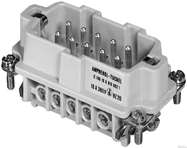 Amphenol Sine/tuchel C146-10A010-102-1 Rectangular Insert, Plug, 10+Pe, Screw, Wire Protection