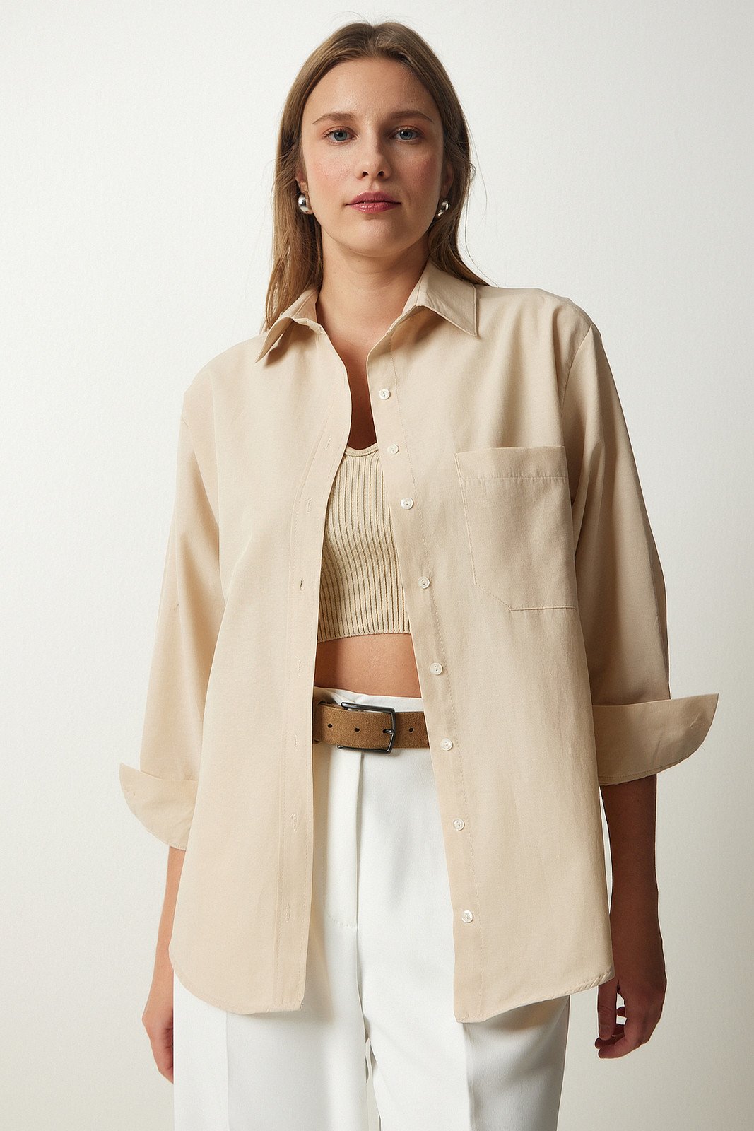 Happiness İstanbul Women's Latte Single Pocket Boyfriend Poplin Shirt