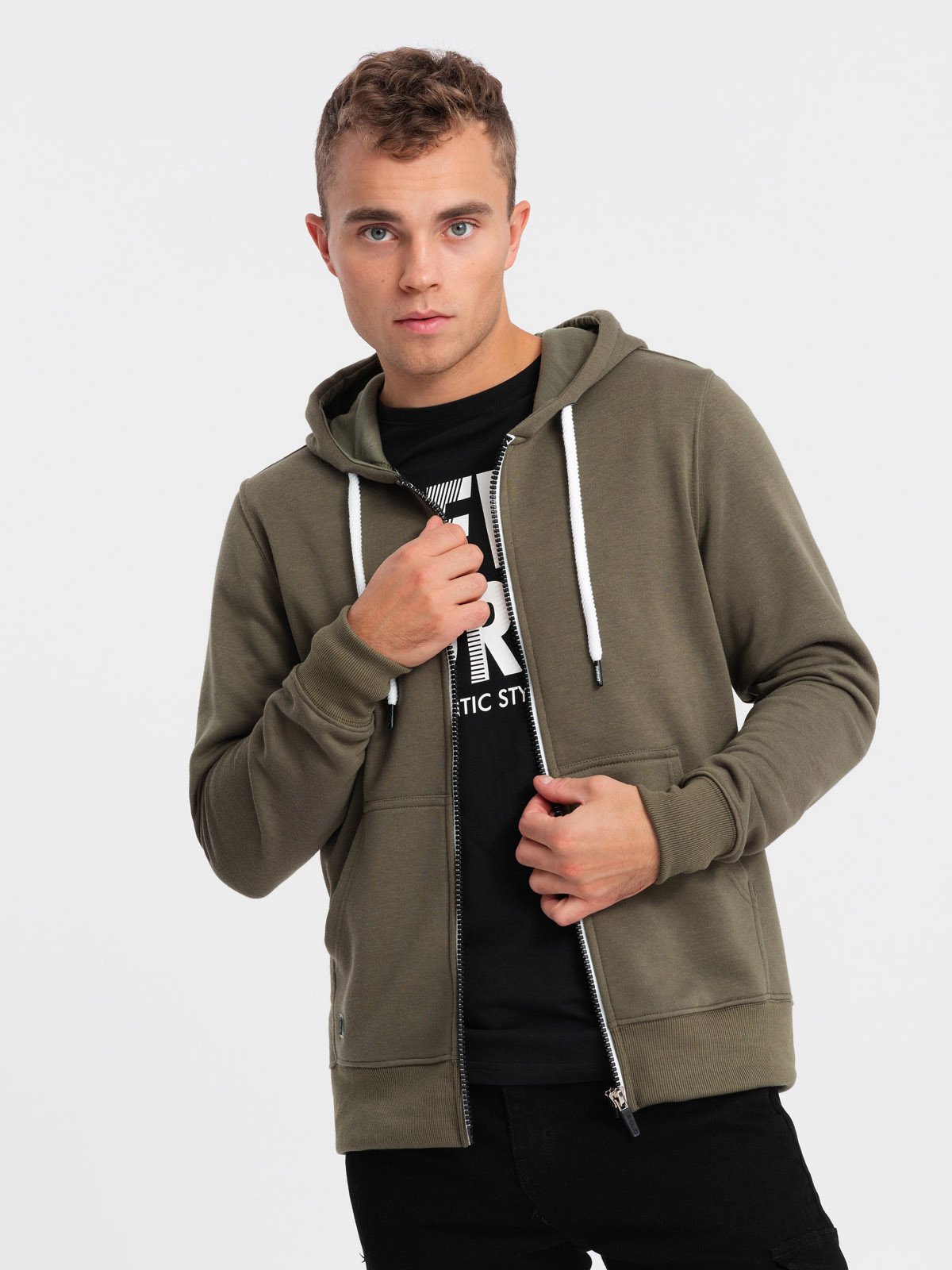 Ombre BASIC men's zip-up hoodie - dark olive green