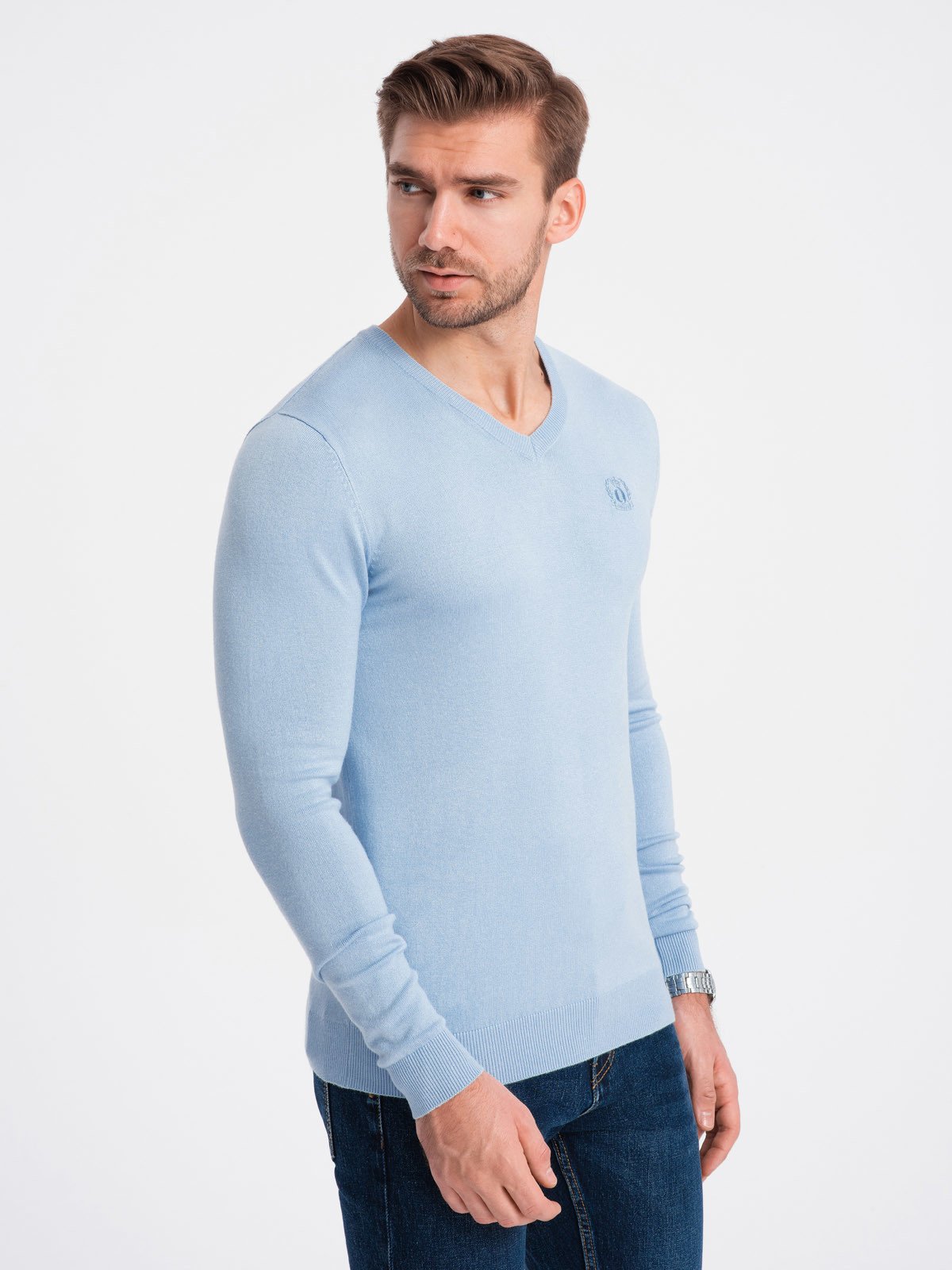 Elegant men's sweater with a v-neck - light blue V10 OM-SWBS V10 OM-SWBS - 0107