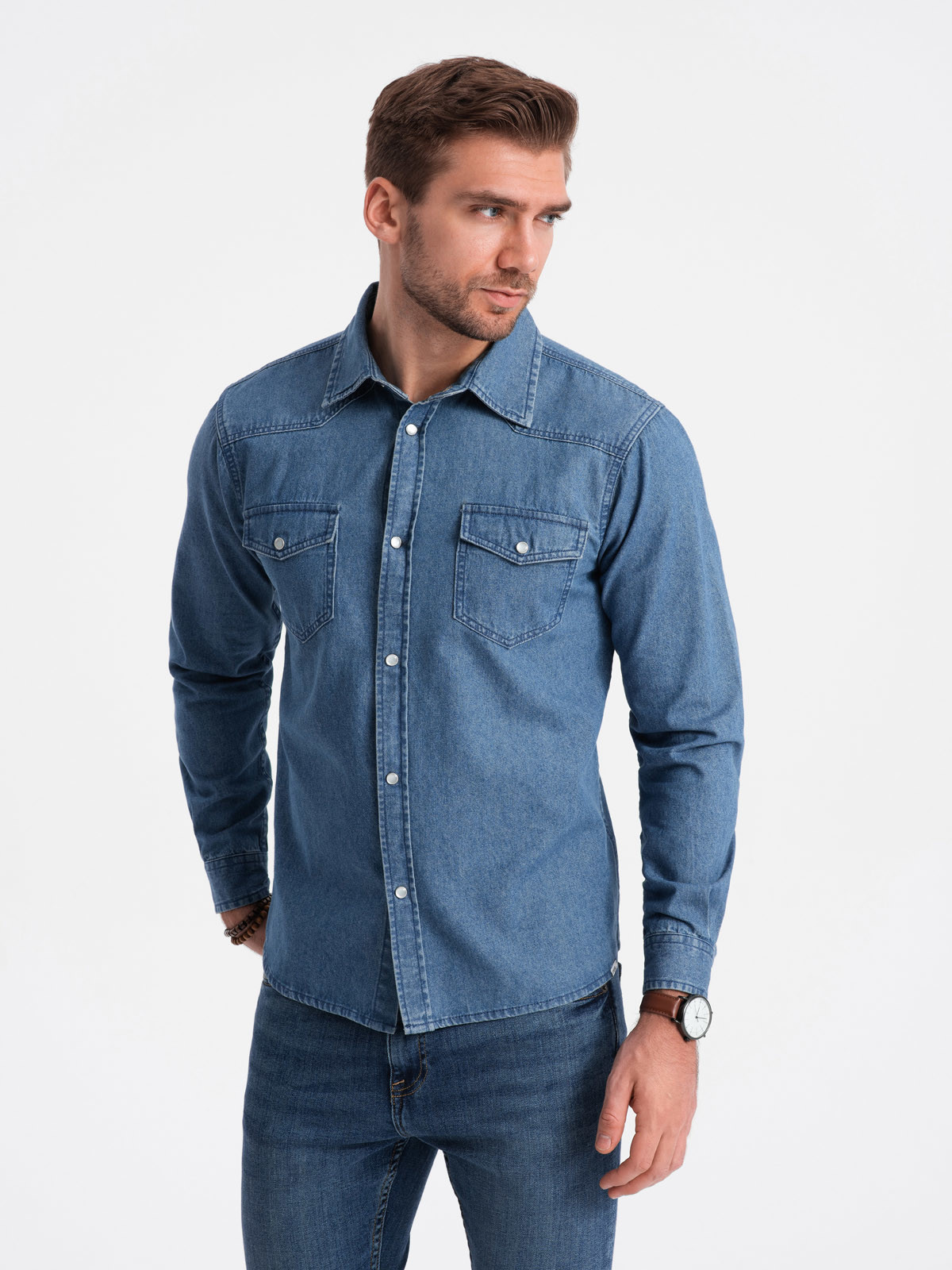Men's denim snap shirt with pockets - blue V2 OM-SHDS V2 OM-SHDS - 0115