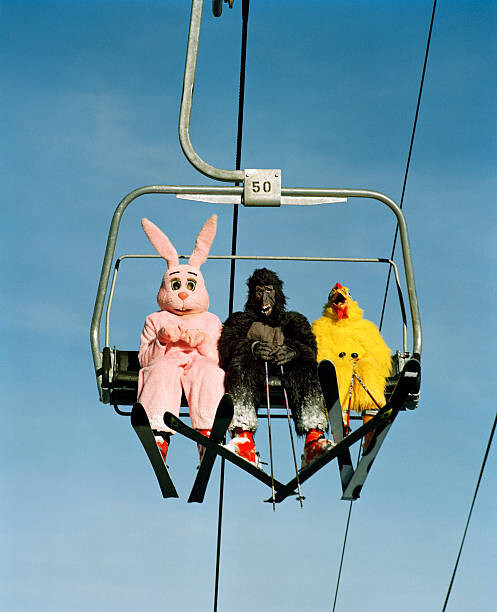 Matthias Clamer Umělecká fotografie People wearing animal costumes riding ski lift, Matthias Clamer, (35 x 40 cm)