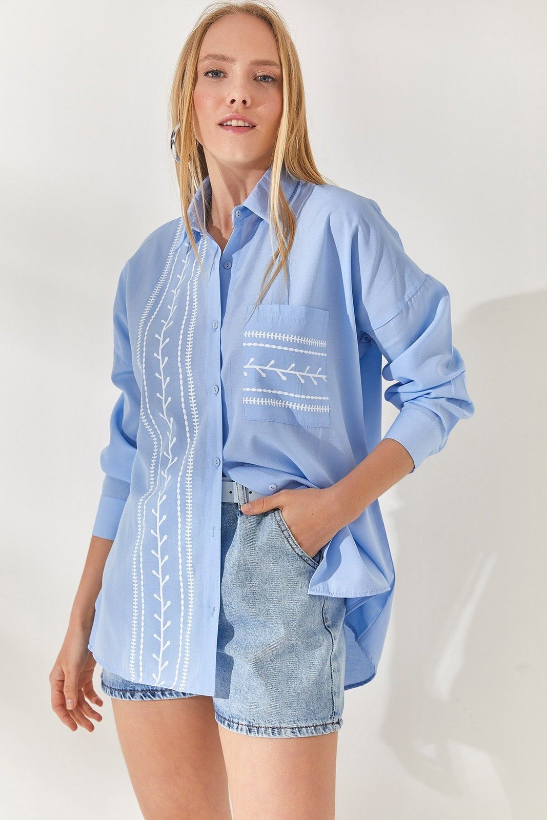 Olalook Bebe Blue Pocket Detailed Printed Woven Shirt