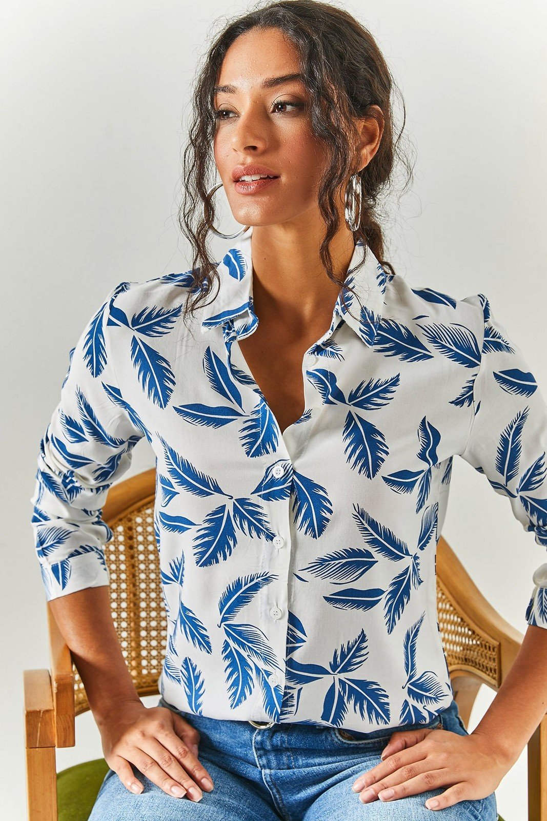 Olalook Women's Navy Blue Feather Pattern Shirt