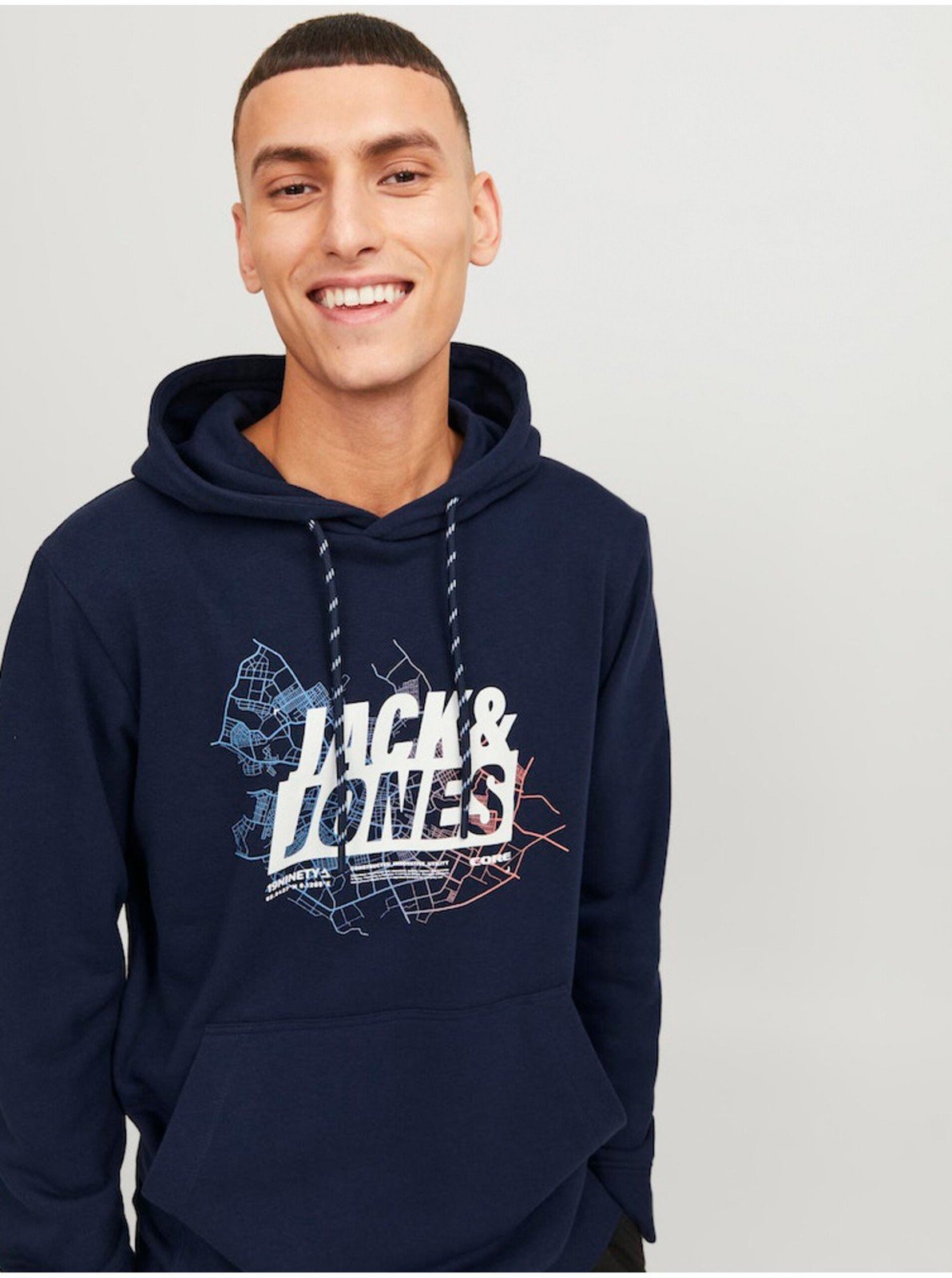 Tmavě modrá pánská mikina s kapucí Jack & Jones Map - Pánské