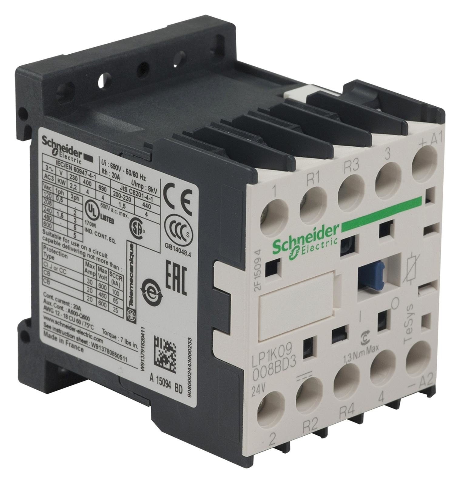 Schneider Electric Lp1K09008Bd3 Contactor, Dpst-No/nc, 24Vdc, Din Rail