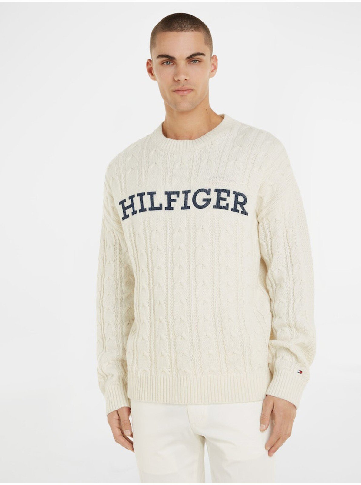 Krémový pánský vlněný svetr Tommy Hilfiger Cable Monotype Crew Neck - Pánské