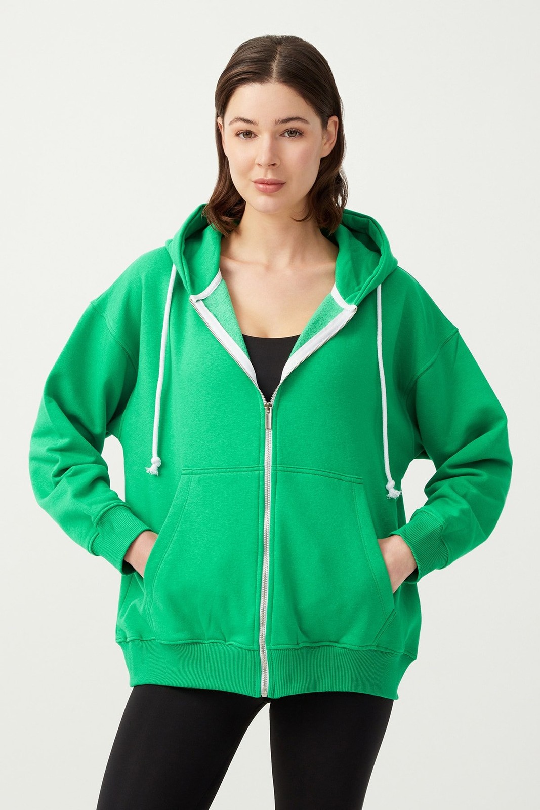 LOS OJOS Women's Green White Hooded Oversized Rayon Zipper Knitted Sweatshirt