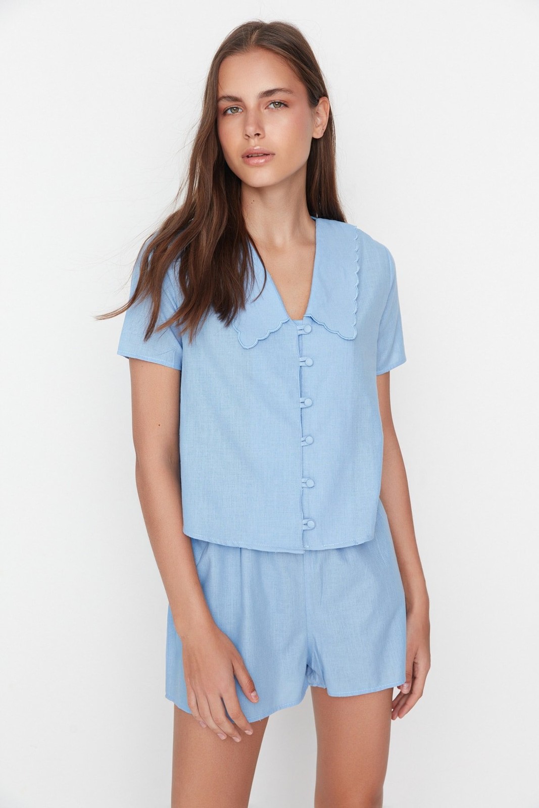 Trendyol Blue 100% Cotton Collar Detailed Shirt-Shorts Woven Pajamas Set