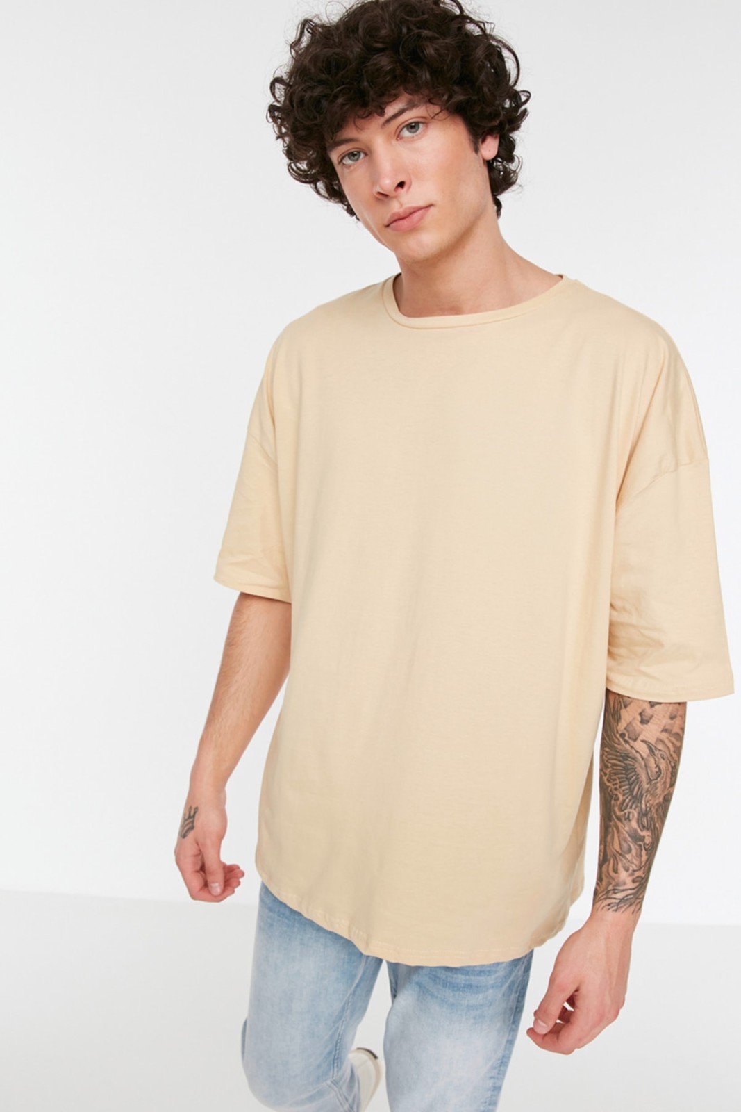 Trendyol Men's Beige Basic 100% Cotton Crew Neck Oversize Short Sleeve T-Shirt