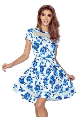 Dámské šaty s krátkým rukávem kolovou sukní středně dlouhé bílé s modrými květy - XS