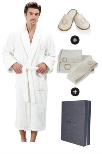 Soft Cotton Luxusní pánský župan SEHZADE s ručníkem a papučkami  v dárkovém balení S + papučky (40/42) + ručník + box Bílá / stříbrná výšivka