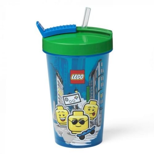 Modrý kelímek se zeleným víčkem a brčkem LEGO® Iconic, 500 ml