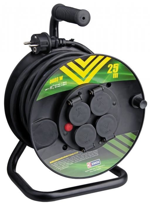 EMOS Černý venkovní prodlužovací kabel na bubnu 25m, 4 zásuvky, guma, 230V, 1.5mm2 P084251