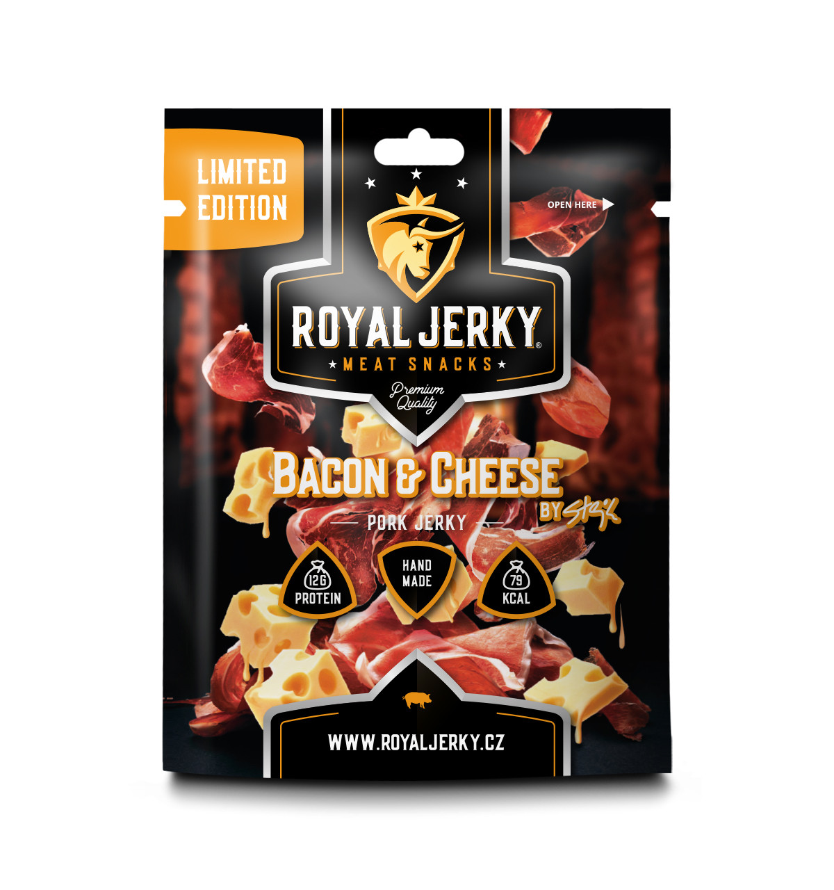 Royal Jerky Bacon&Cheese by Stejk (vepřové sušené maso s příchutí slaniny a sýru)