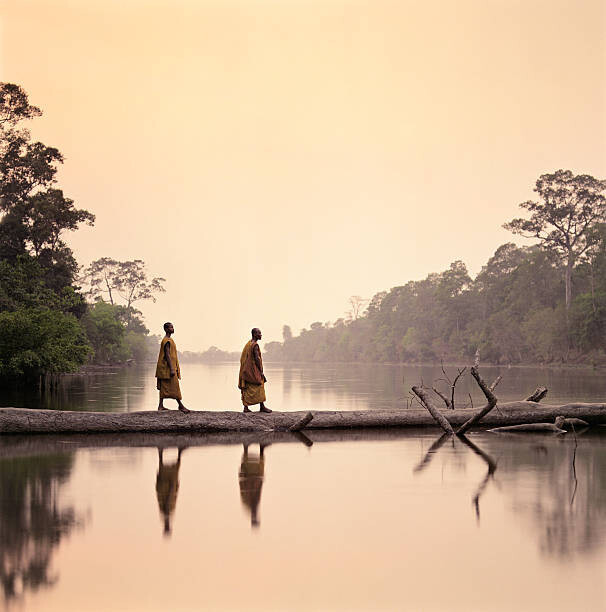 Martin Puddy Umělecká fotografie Buddhist Monks walking along submerged tree, Martin Puddy, (40 x 40 cm)