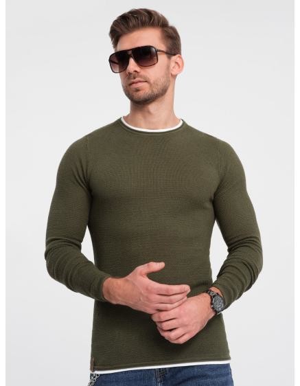 Pánský bavlněný svetr s kulatým výstřihem V7 OM-SWSW-0103 tmavě olivový