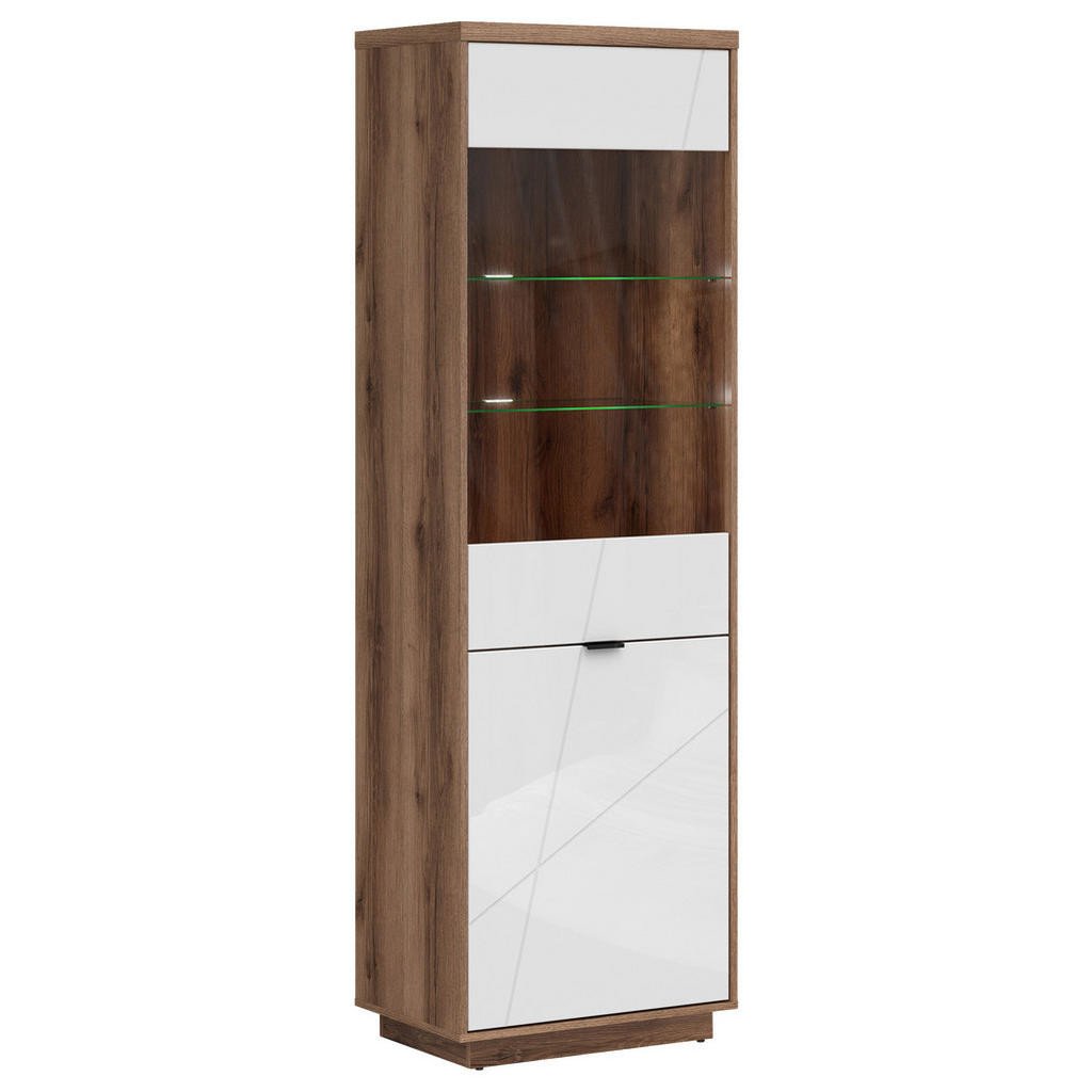 VITRÍNA, barvy dubu, vysoce lesklá bílá, 64/200,5/42,5 cm