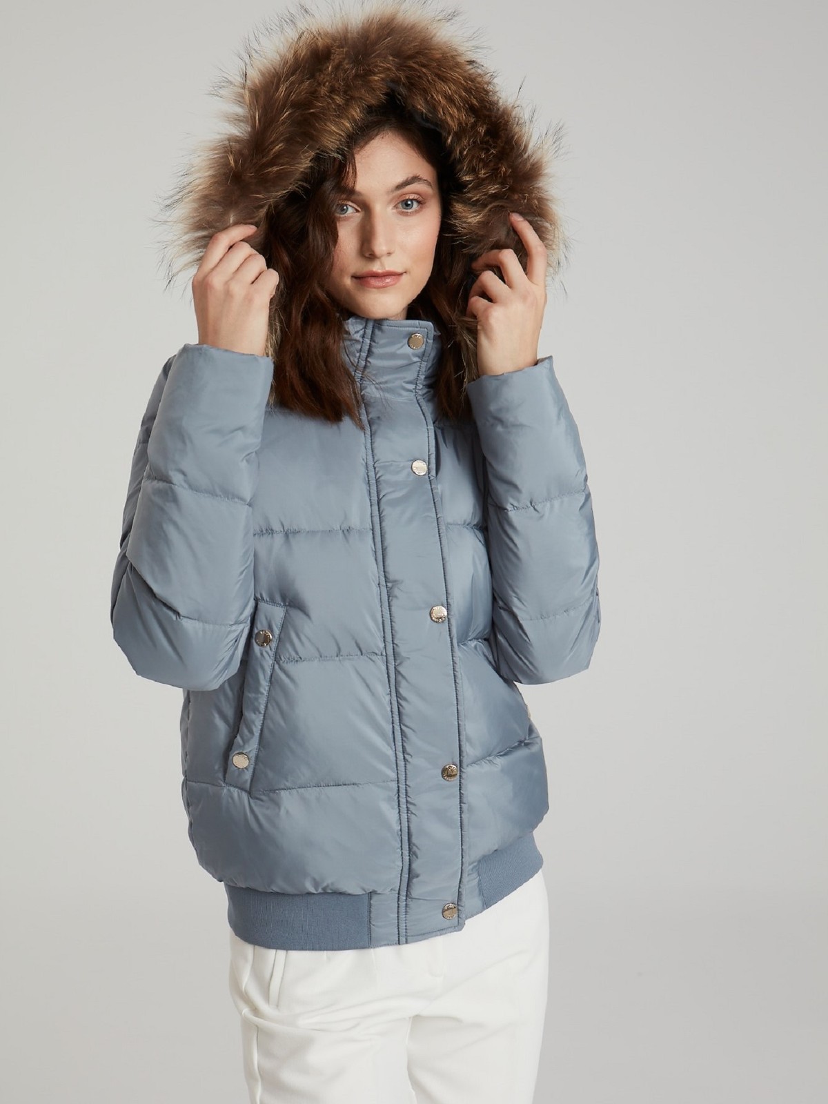 Blue short hooded jacket with raccoon trim TIFFI