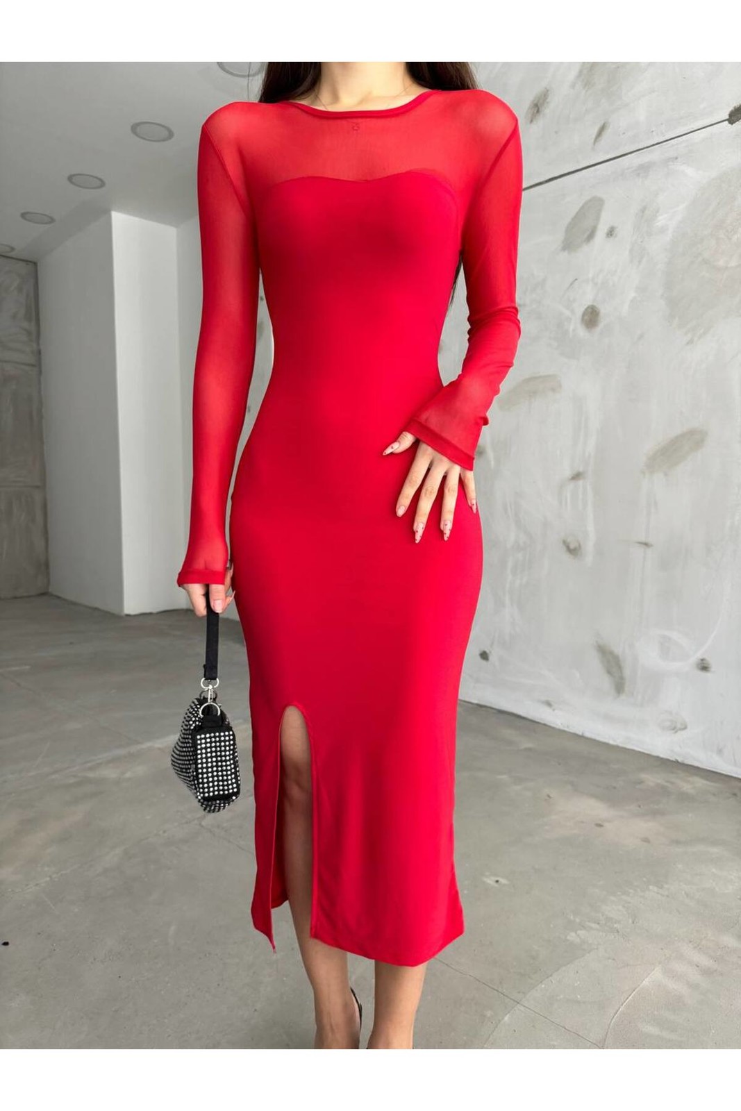 BİKELİFE Women's Red Slit Detailed Lycra Pencil Dress