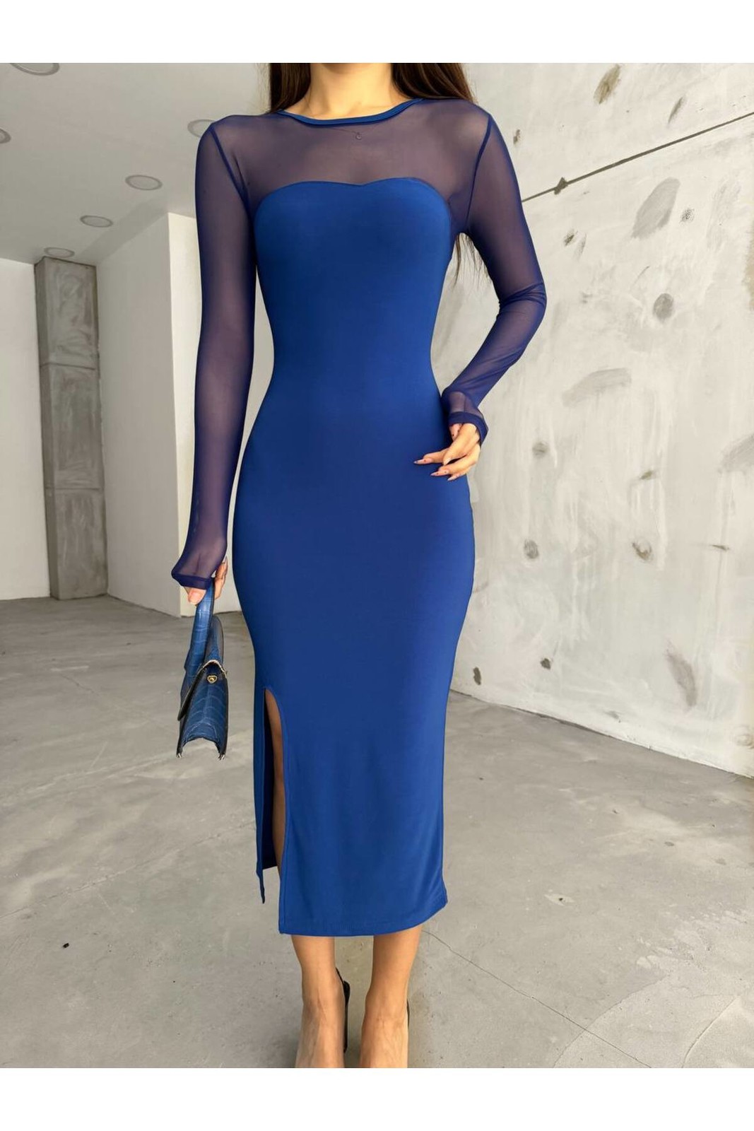 BİKELİFE Women's Blue Slit Detailed Lycra Pencil Dress