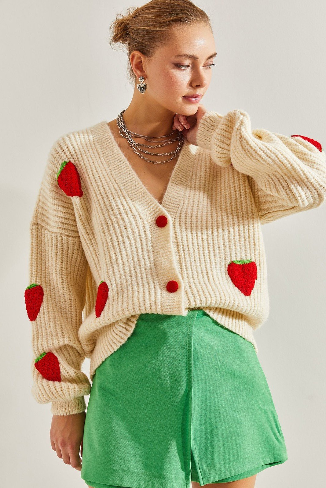 Bianco Lucci Women's Strawberry Buttoned Knitwear Cardigan