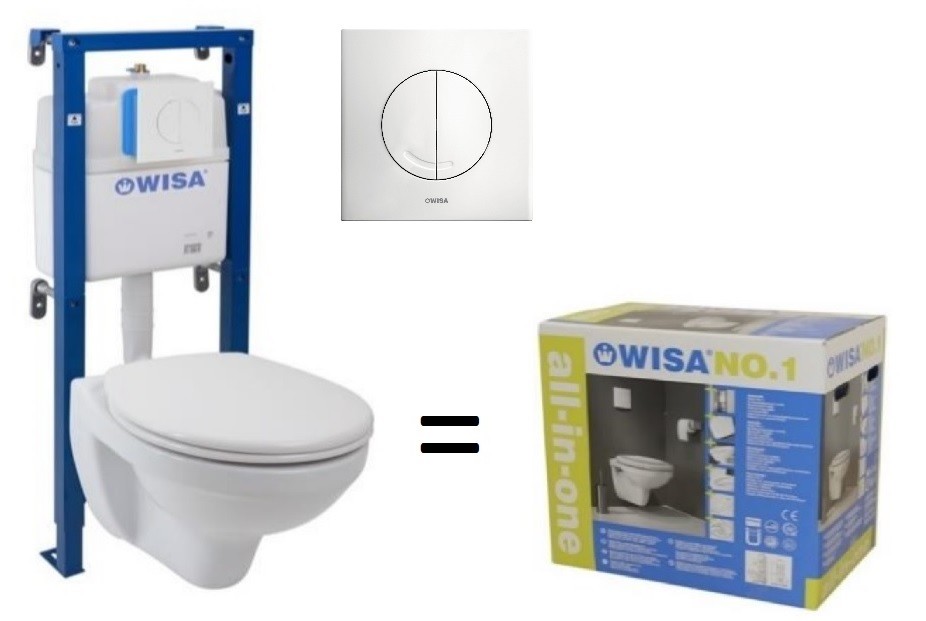 Wisa - Fix Set All In One White - splachovací nádržka, bílé tlačítko, závěsná wc mísa, izolace a sedátko