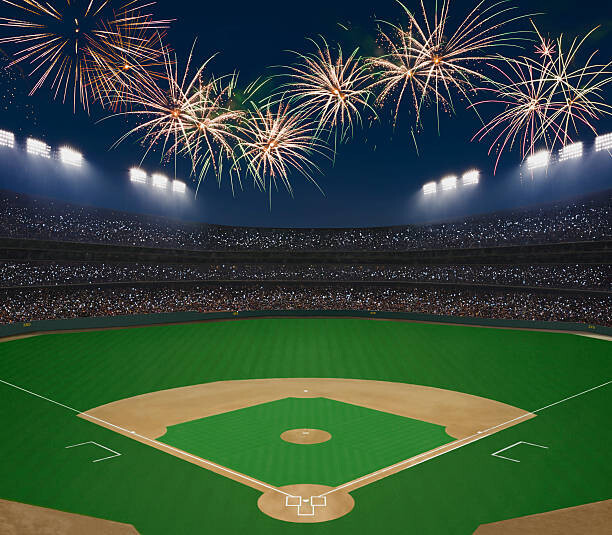 David Madison Umělecká fotografie Baseball field and stadium with fireworks in sky., David Madison, (40 x 35 cm)