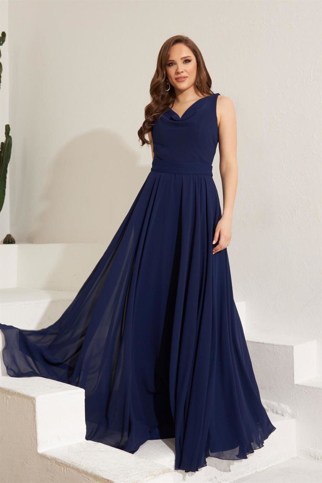 Carmen Navy Blue Chiffon Off-Neck Long Evening Dress and Invitation Dress