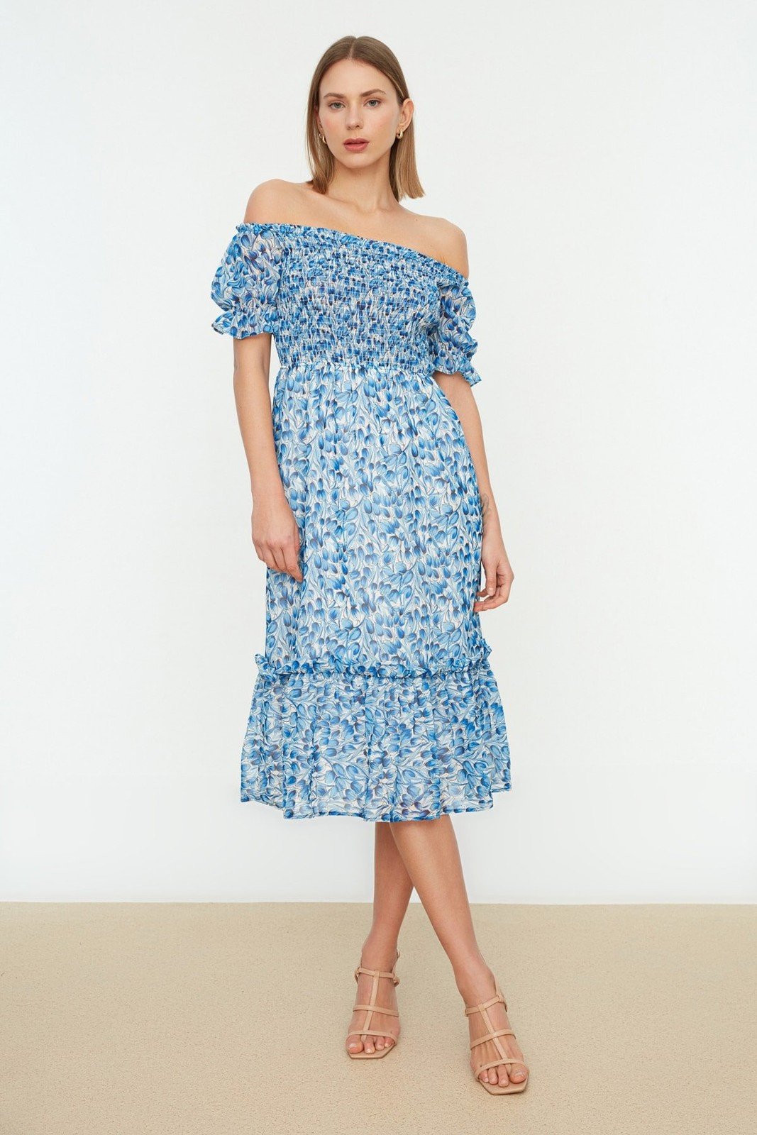 Trendyol Blue Woven Lined Chiffon Carmen Collar Gimped Midi Woven Dress