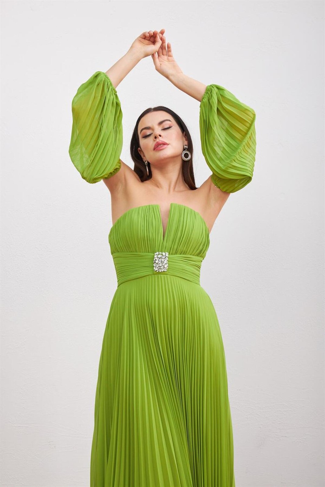 Carmen Pistachio Green Chiffon Evening Dress With Belt Detail.