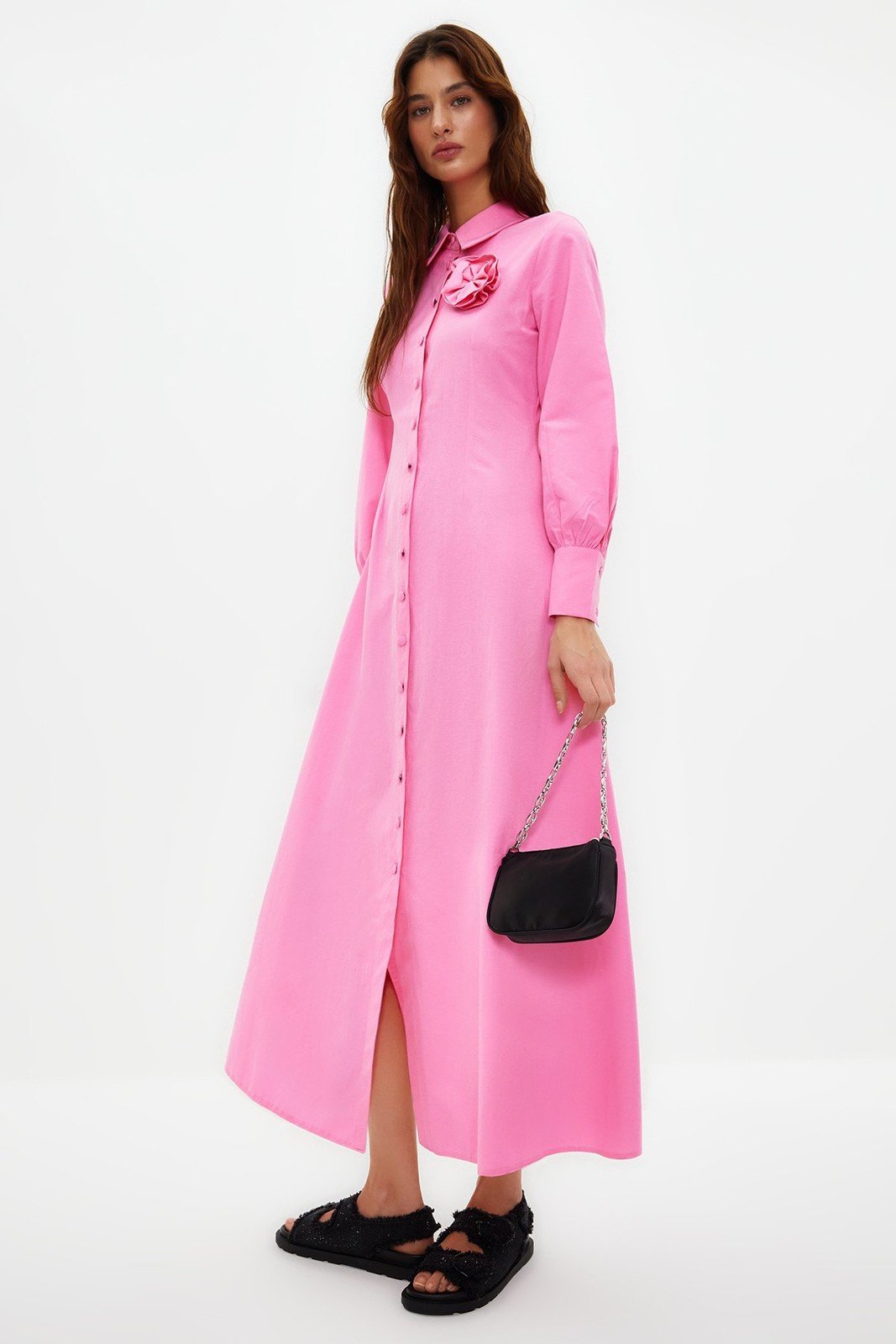 Trendyol Pink Floral Detailed Woven Shirt Dress