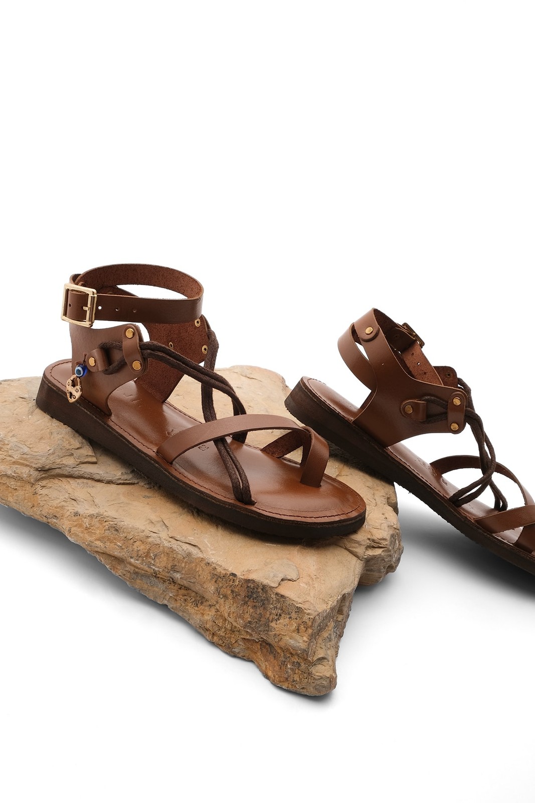 Marjin Women's Genuine Leather Accessoried Eva Sole With Crossed Threads Detail Daily Sandals Rivade Tan.