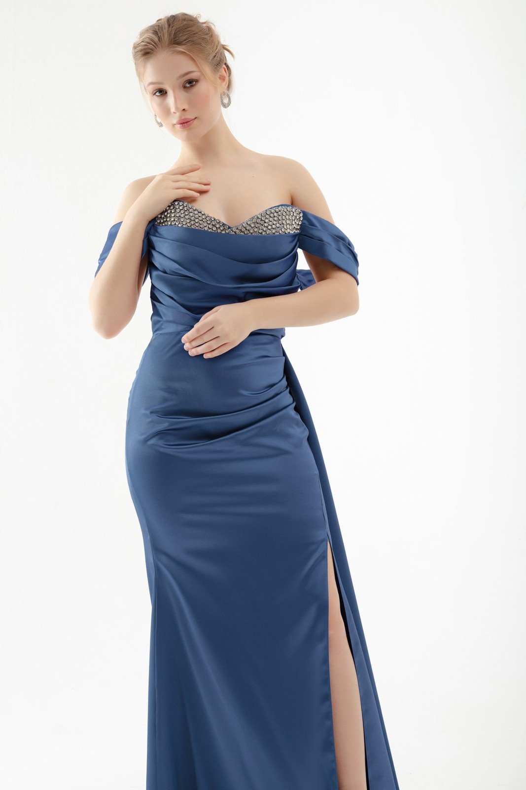 Lafaba Women's Indigo Boat Neck Slit Long Satin Evening Dress