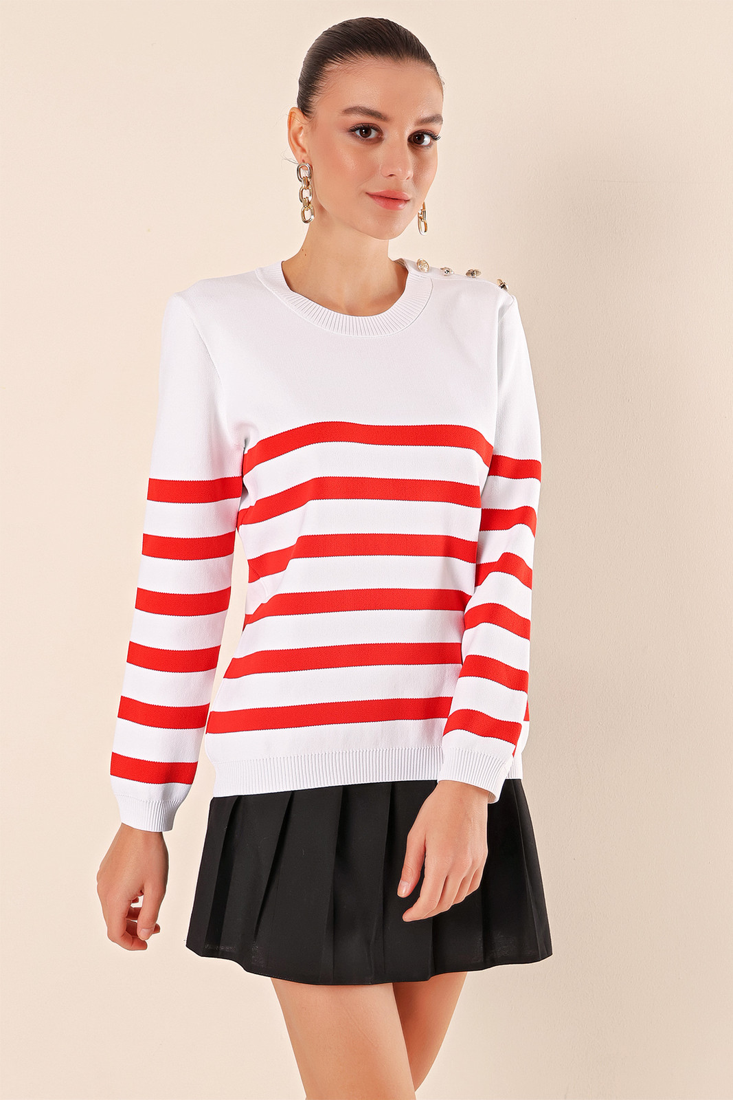 Bigdart 15820 Button Detailed Striped Sweater - Red