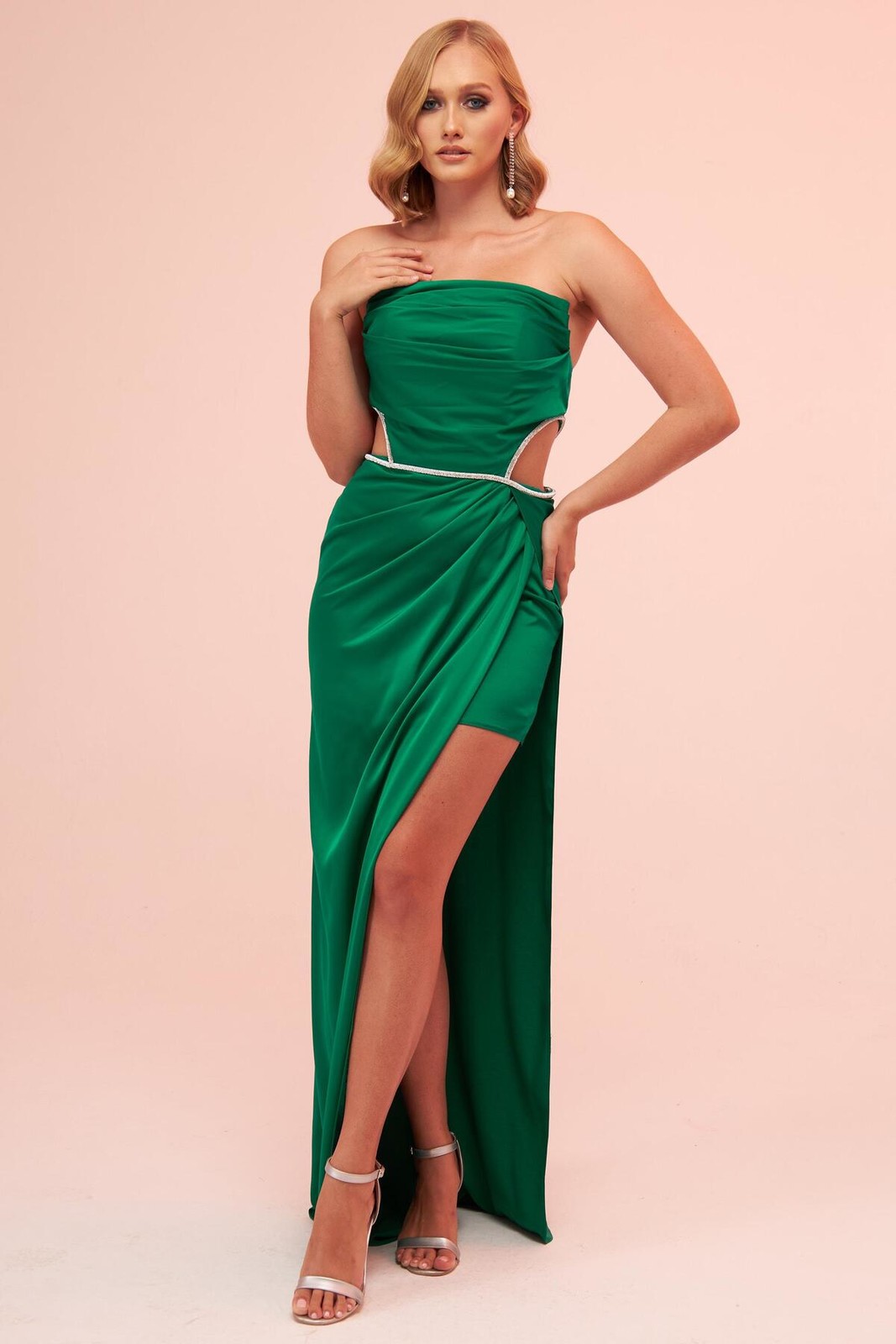 Carmen Emerald Satin Strapless Long Evening Dress with Side Slit