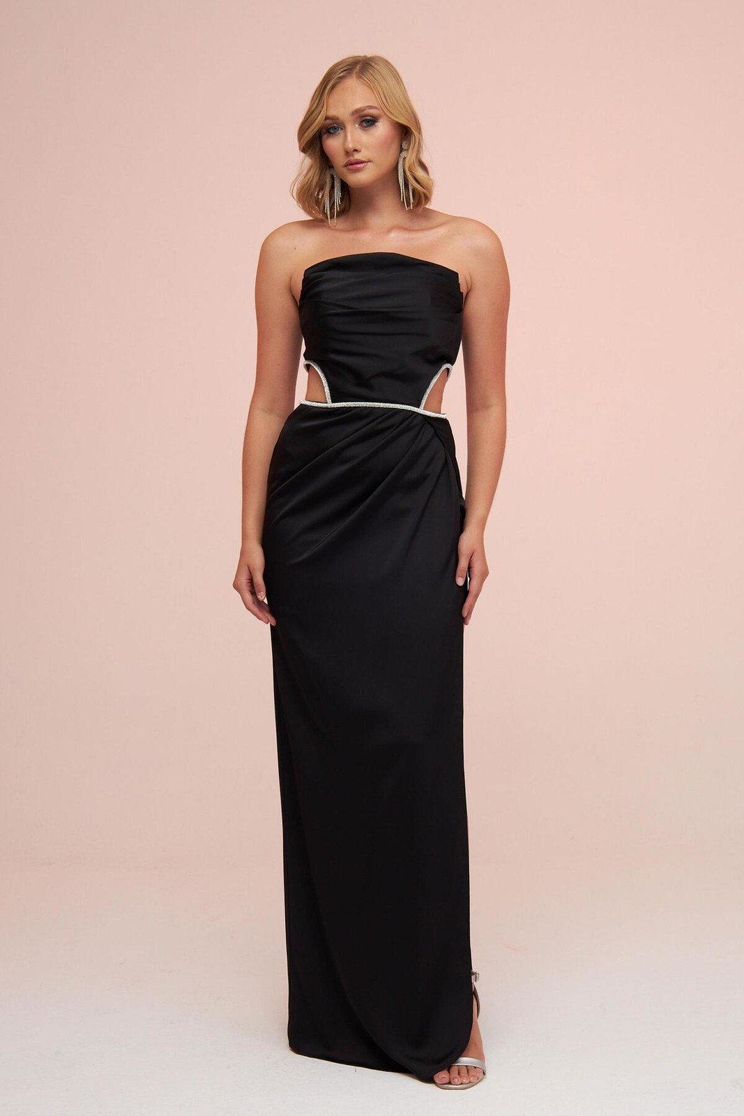 Carmen Black Satin Strapless Long Evening Dress with Side Slit