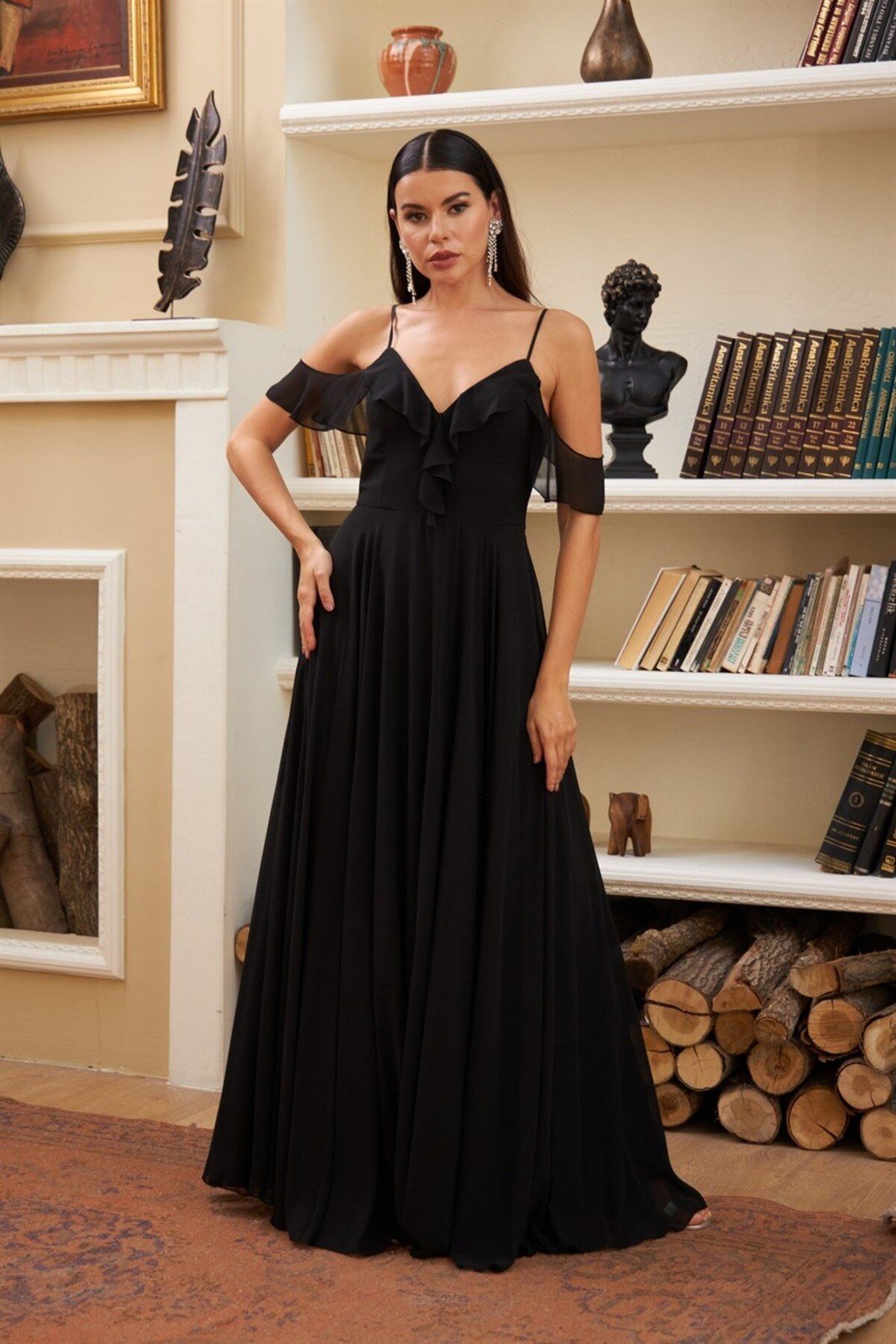 Carmen Black Chiffon Long Evening Dress with Ruffles on the chest.
