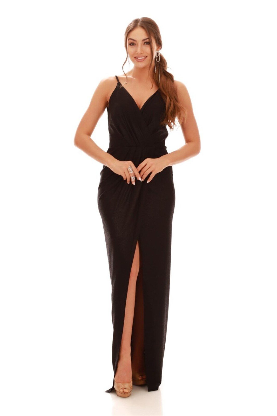 Carmen Black Lacquered Chiffon Double Breasted Evening Dress with a Slit