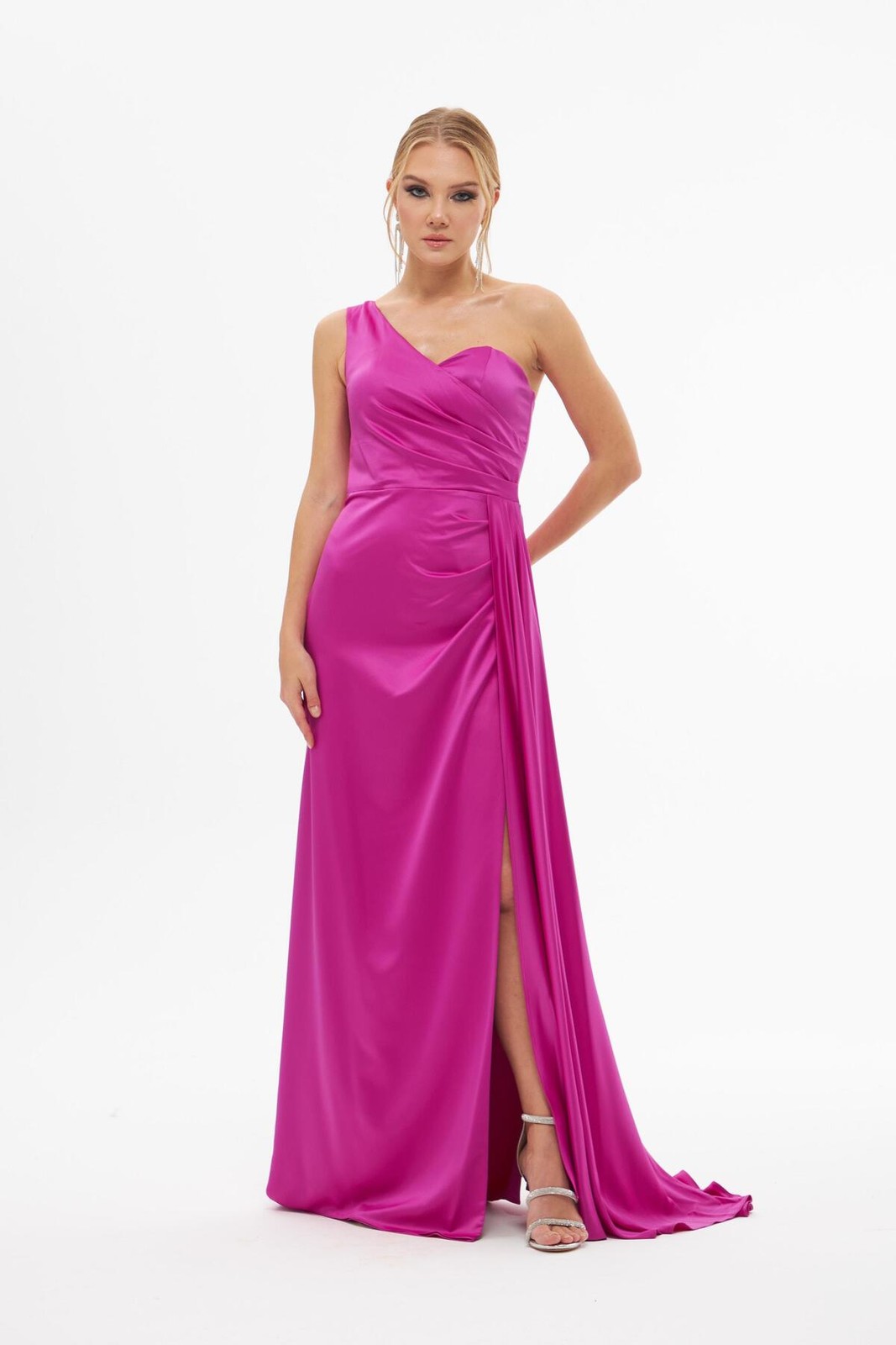 Carmen Fuchsia Satin One-Shoulder Slit Long Evening Dress