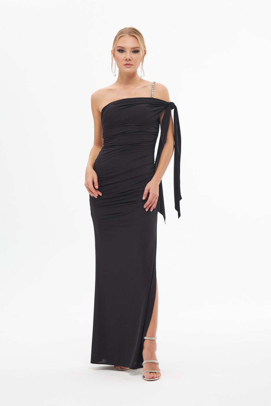 Carmen Black Sandy Single Sleeve Slit Long Evening Dress