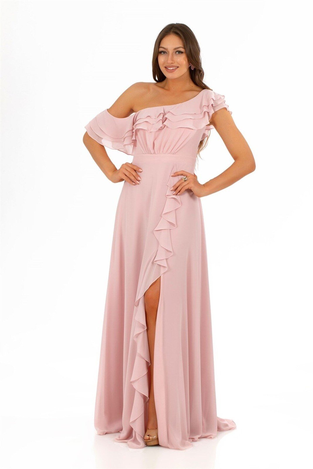 Carmen Powder Chiffon Off Shoulder Flounce Slit Evening Dress