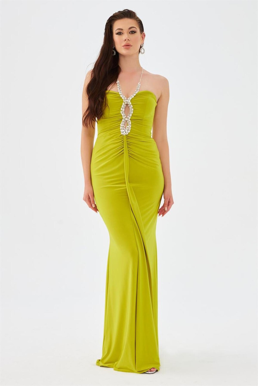 Carmen Pistachio Green Sandy Collar Stone Long Evening Dress