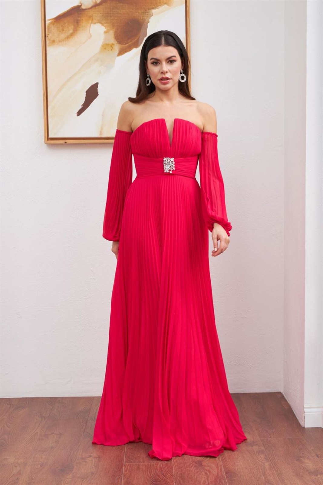 Carmen Fuchsia Chiffon Belt Detailed Long Evening Dress.