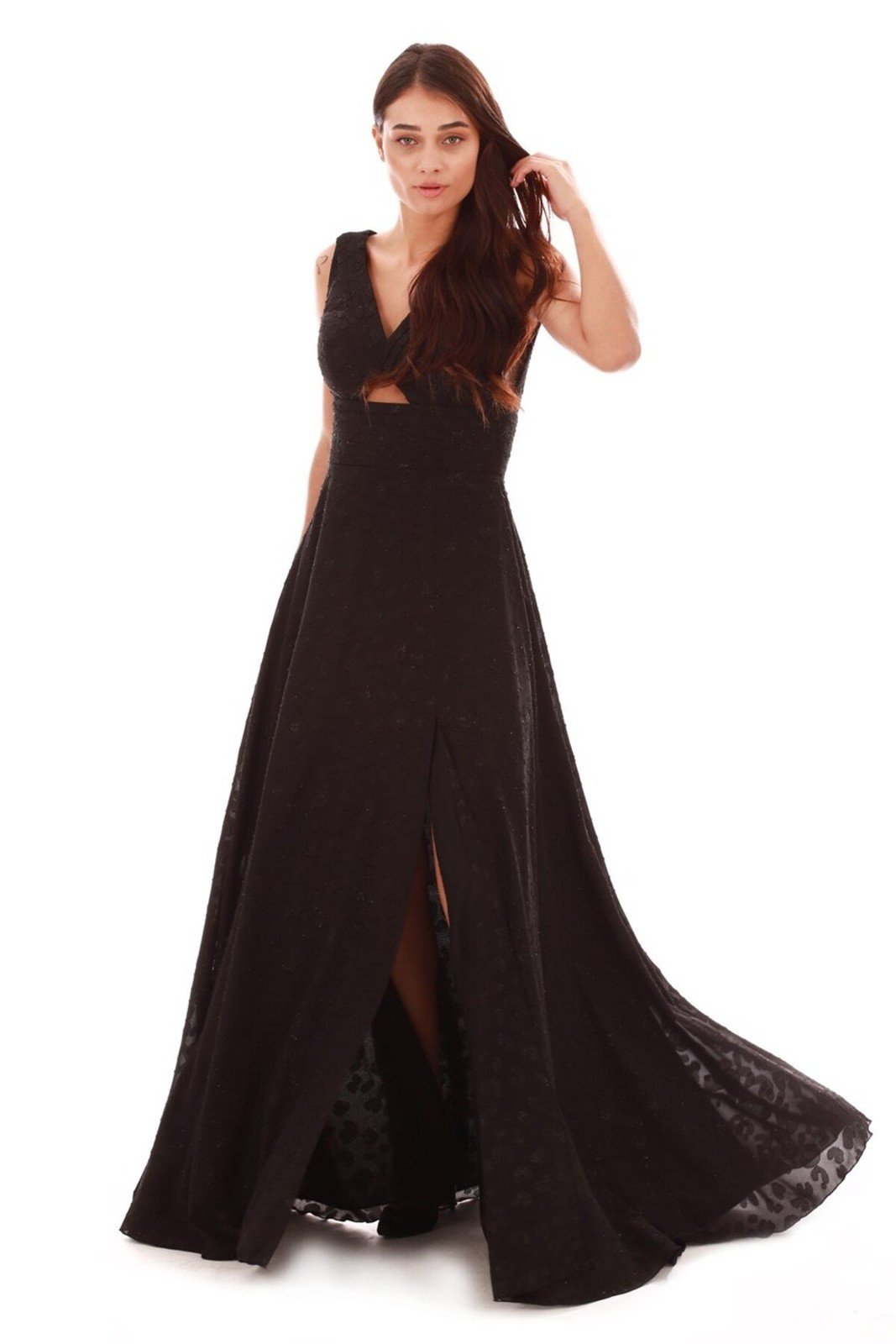 Carmen Black Leopard Patterned Slit Long Evening Dress