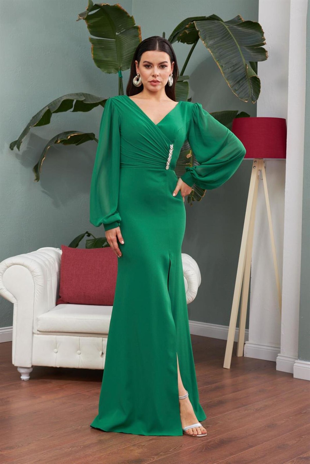 Carmen Emerald Chiffon Long Evening Dress with Buckle Detail